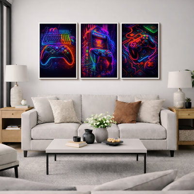 Neon Gaming Controller and Keyboard Artwork, Modern Game Room Pictures, Framed Canvas Giclee Print 3 Pieces Wall Art