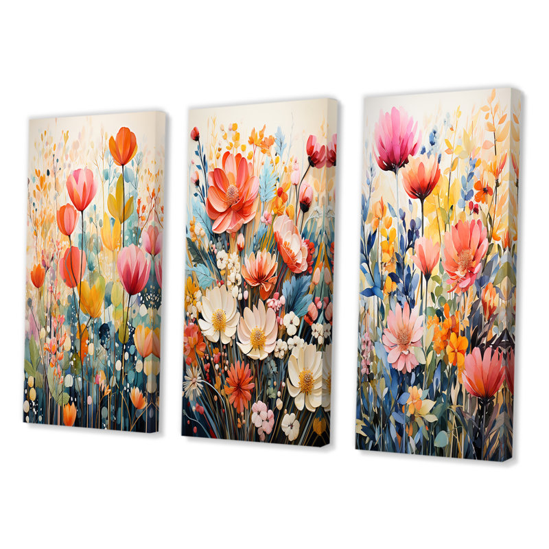 «Multicolored Flowers Collage III», 3 pièces sur toile, Toile tendue, H 20 po x l 36 po