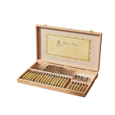  24 Piece Flatware Set, Platine Pale Horn in Wood Presentation Box