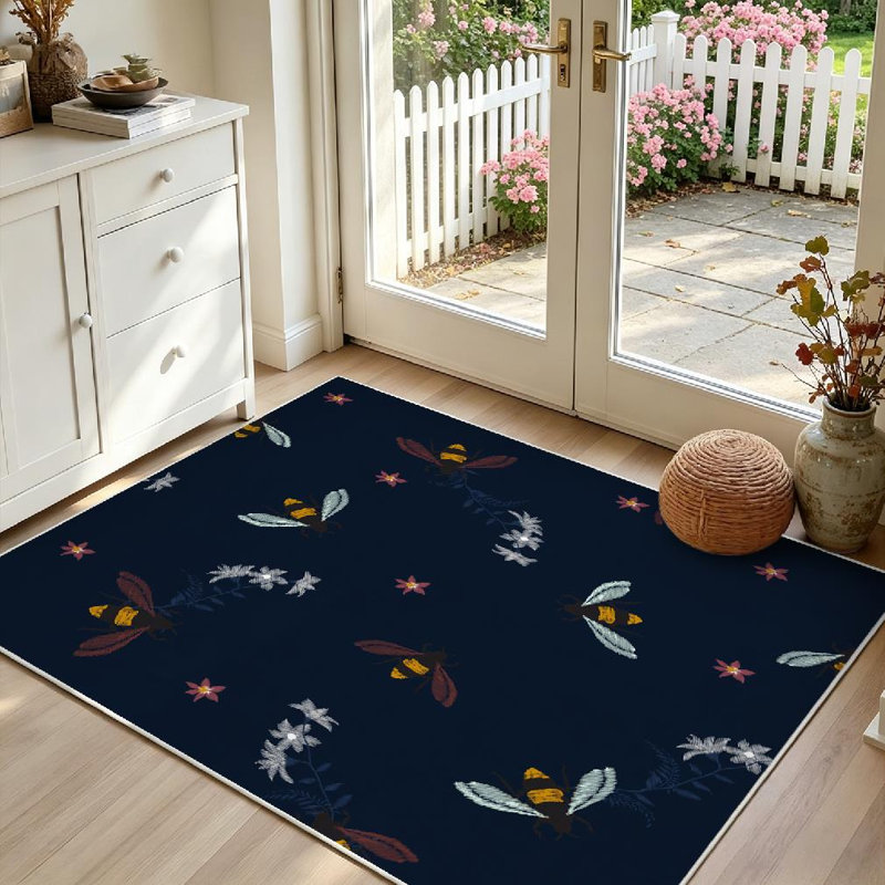Navy Honey Bee Flowers Dark Tone Fashion Blue Abstract Animal Art Machine Washable Indoor Area Rug, Rectangle 39" x 63"