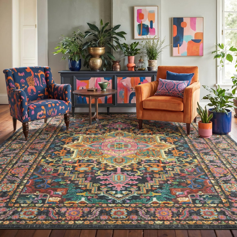 Tapis de salon bohémien marocain rétro antidérapant lavable, Rectangle 6' x 9'