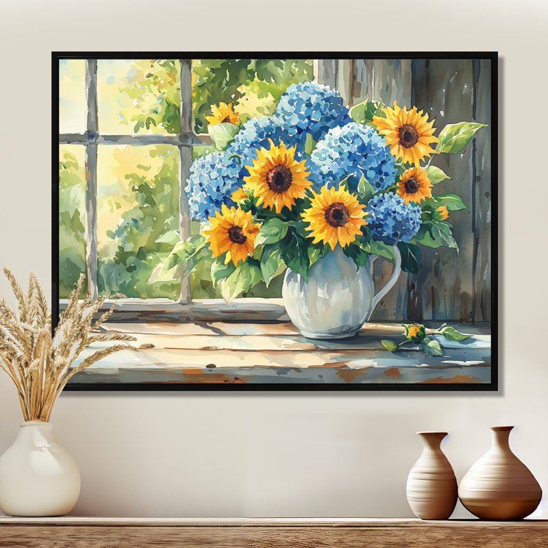 «Domella Hydrangeas And Sunflowers Farmhouse II - Hydrangea», art mural, H 30 po x l 40 po, Impression encadrée flottante