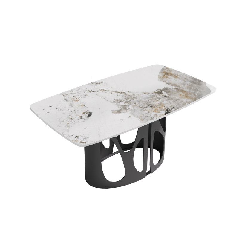 63" Modern Sintered Stone Table For Dining - Black Metal Frame, Marble White Panel, 6 Seating, To Stains And Heat 6 Person Legs, Appearance, Scratches