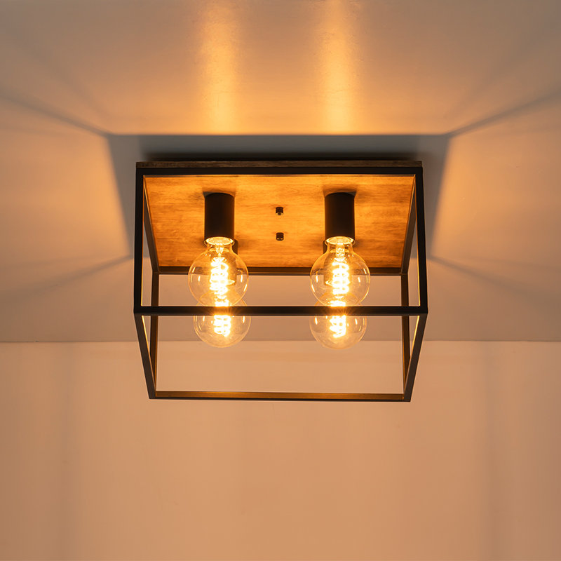 Milenija 4-Light Square Cage Wood Accents Flush Mount