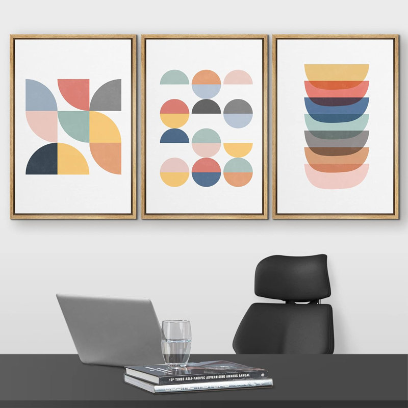«Multicolor Pastel Semi Circles And Polygons Abstract Shapes Modern Nordic Mid-Century on Canvas», reproduction de 3 pièces