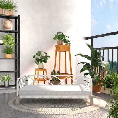 Rattan Rectangular Dog Sofa, Raised Pet Cot With Breathable Fabric And Wicker Frame, White Frame And Gray Cushion