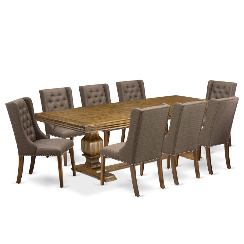 Cet ensemble de cuisine 9 pièces comprend une table de salle à manger et 8 chaises de cuisine en tissu de lin brun avec dossier capitonné - finition noyer antique.