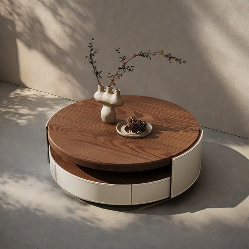 Table basse ronde en noyer clair de luxe, H 13,8 po x L 31,5 po x l 31,5 po
