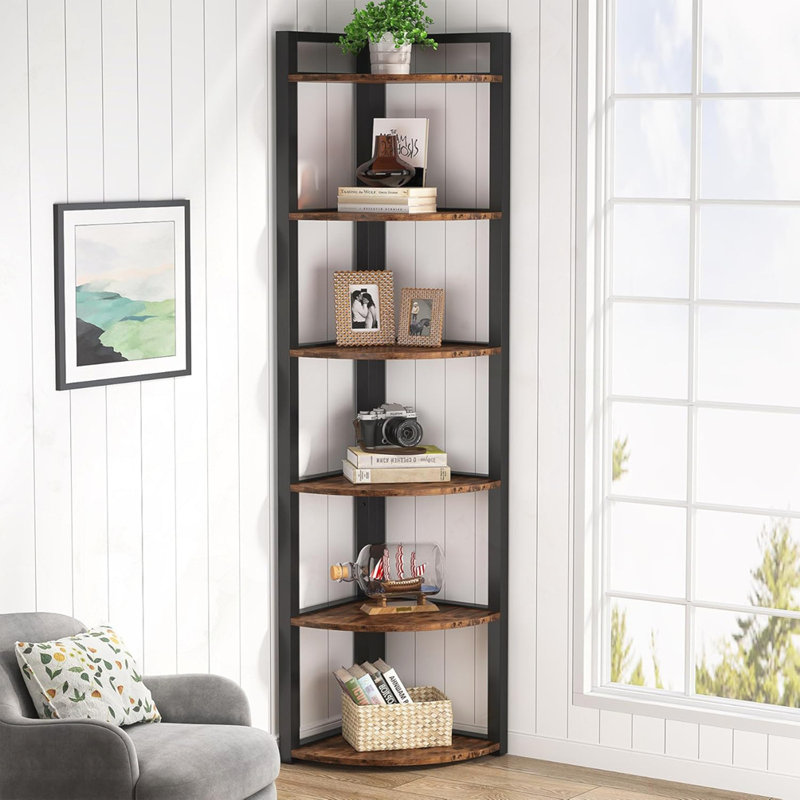 Bibliothèque d'angle 70,87 "à 6 niveaux, Rustic Brown/Black