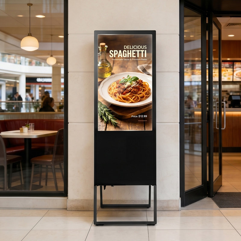 Kiosque de publicité sur pied 32 po pour affichage numérique d'intérieur au sol, système d'exploitation Android avec entrée Wi-Fi / USB / USB WiFi, affichage large à 178 °, écran tactile ACL, affiche verticale commerciale Totem