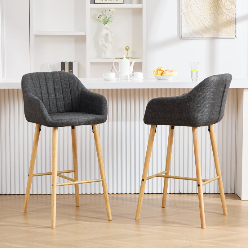 29.5'' Linen Upholstered Bar Stool with Wooden Legs, Black