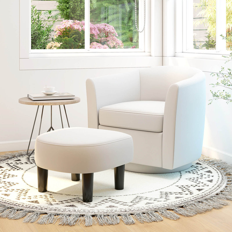 Swivel Barrel Chair With Ottoman Footrest Curved Backrest & Armrests Living Room, White