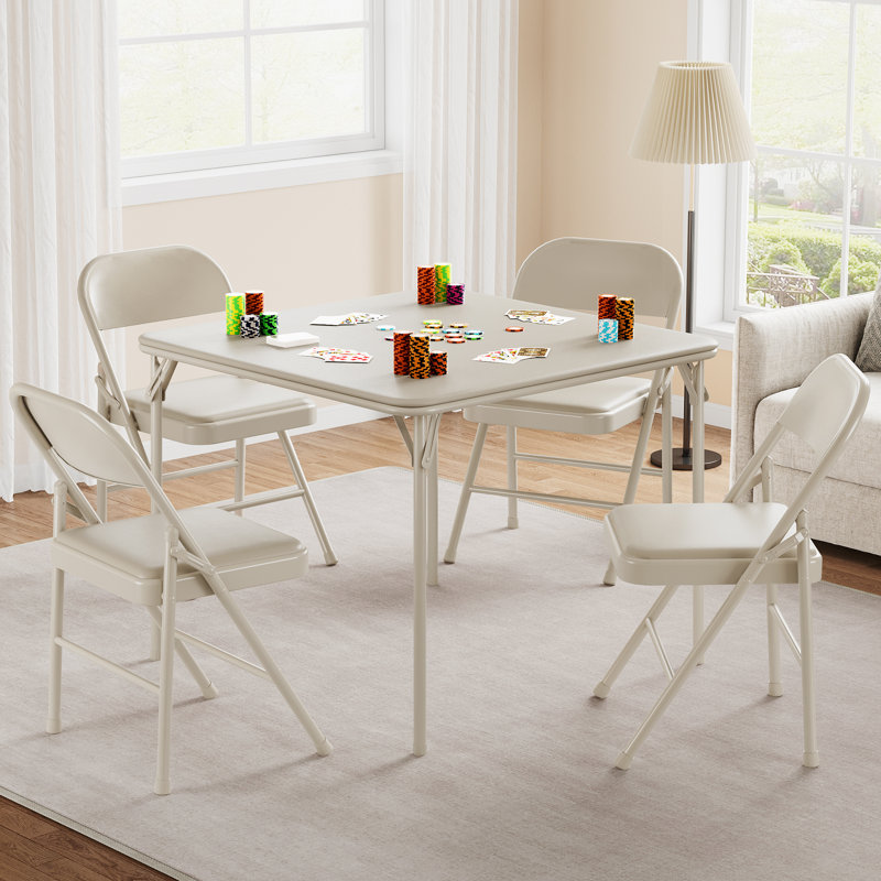 Folding Table, 33.6-Inch Portable Square Folding Card Table,  Metal Folding Table With Pu Soft Cushion 4 Chairs, Cream
