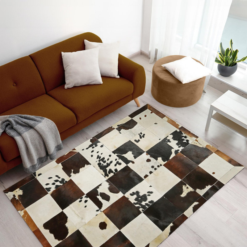 Handmade Brown White Cowhide Patchwork Rug - Leather Area Rug for Living Room Bedroom Rug - Multisize Carpet
