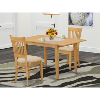 3 Piece Kitchen Table & Chairs Set Contains a Rectangle Dining Table with Butterfly Leaf and 2 Linen Fabric Dining Room Chairs, Oak