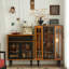 31.50" French Retro Two-Tone Brown & Black Solid Ash Wood Glass Wine Cabinet, Freestanding Wall Storage Sideboard, Tea & TV Display Cabinet for Living Room