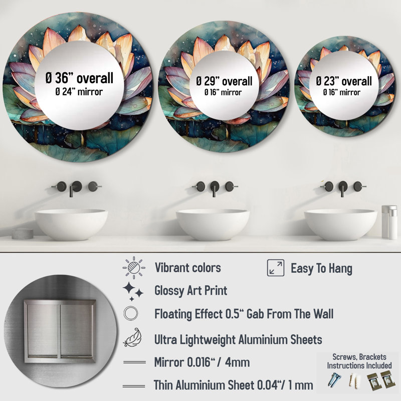 Raeleah Orange Lotus Floral Dreams I - Lotus Decorative Wall Mirror, Modern Round Mirror, Printed Metal Art, 23" x 23"
