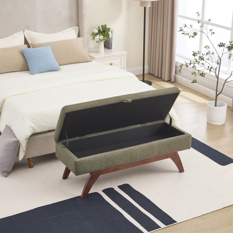 Modern Storage Bench with Solid Wood Legs, Perfect for End of Bed or Entryway, Green Teddy
