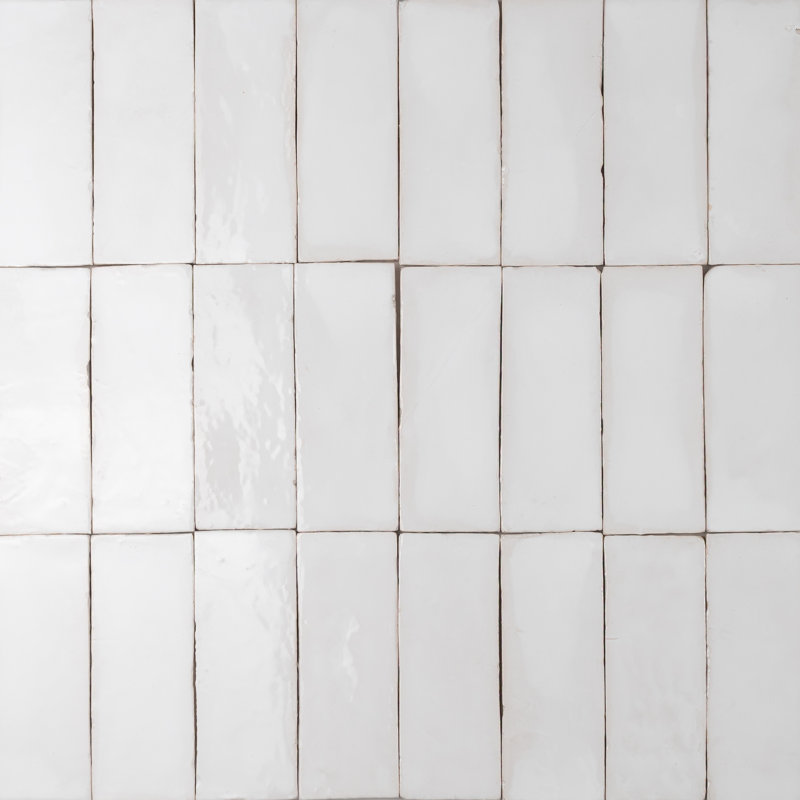 Morokko 2" x 6" Handmade Zellige Glossy Wall Tile, Bejmat Bianco White