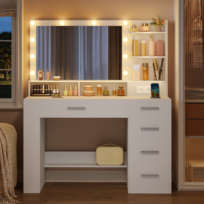 Bureau de coiffeuse avec grand miroir HD, coiffeuse de maquillage avec lumières à DEL, coiffeuse avec barre d'alimentation, 6 tablettes de rangement, 5 tiroirs et rangement latéral ouvert, simple, blanc