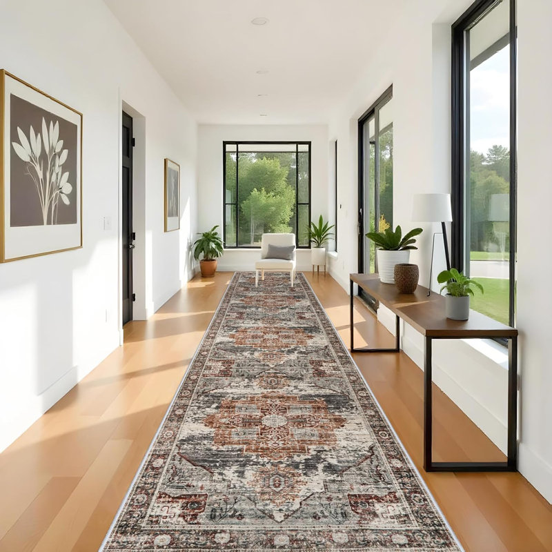 Washable Rugs - Large Boho Rugs for Living Room Stain Resistant Carpet Vintage Tribal Rugs for Bedroom Kitchen Bathroom Non Slip Backing Home Decor Floor Decoration Mat Brick