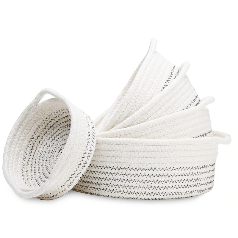 Round Small Woven Baskets Set,Cotton Rope Baskets For Organizing,(5 Piece/White & Black)