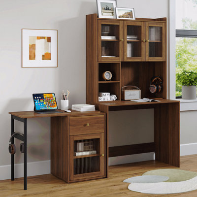 Computer Desk With Glass Door For Home Office Or Study Desk,  Bookshelf & Hutch, Computer Desk With 90 Degree Rotating Desktop,Large Working Space