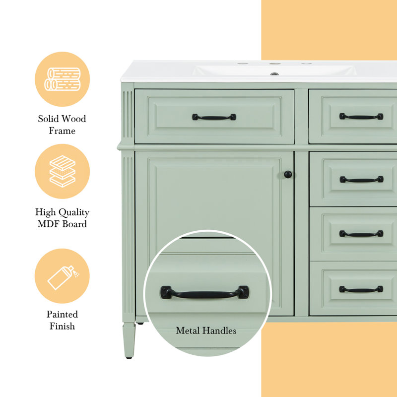 36"W Freestanding Single Vanity with Ceramic Sink Top, Drawers and An Adjustable Shelf, Green/Black
