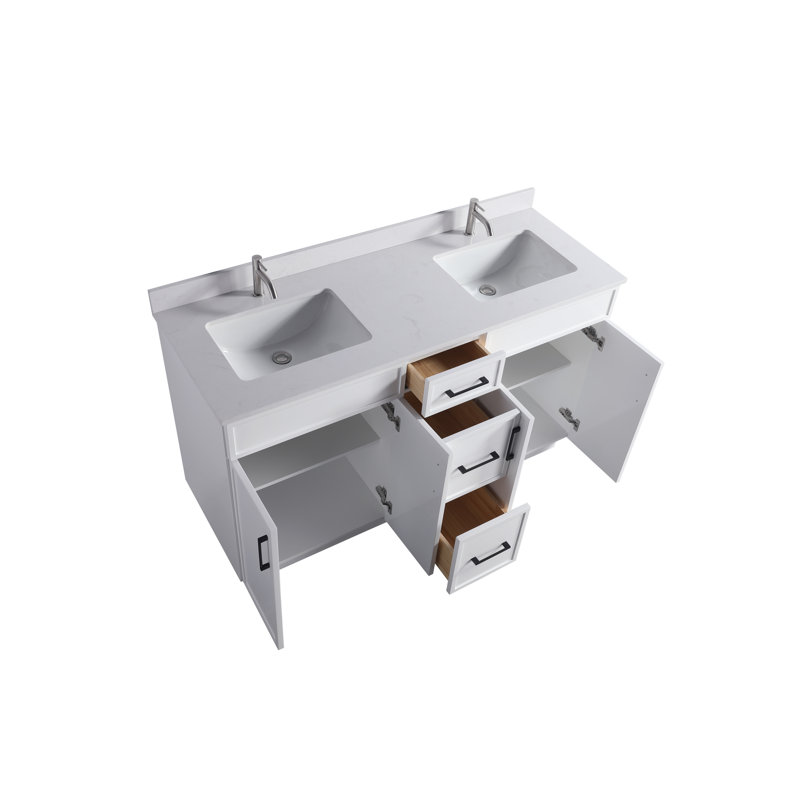 60" White Double Sink Freestanding Bathroom Vanity with Cultured Marble Top