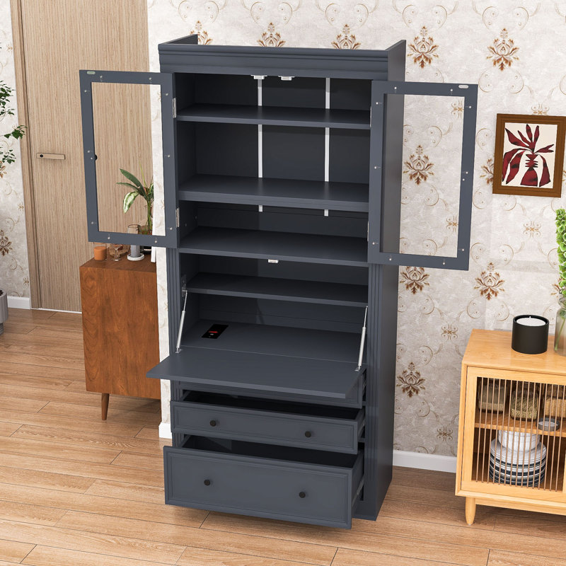 Armoire de cuisine Farmhouse avec tablettes réglables, prise de courant, portes en verre et 3 tiroirs, Gris