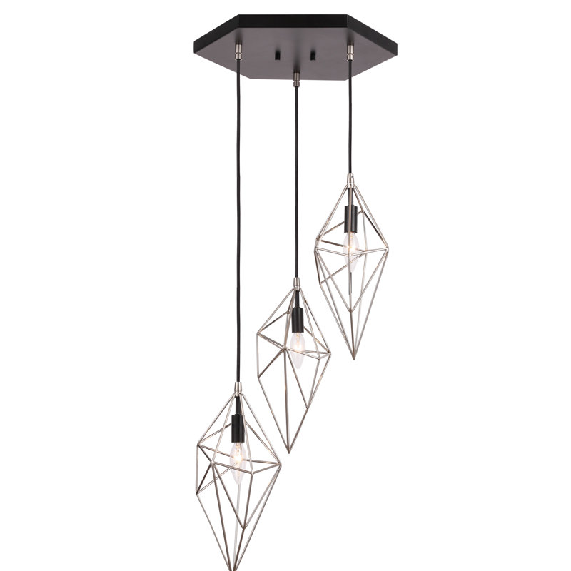 Luminaire suspendu géométrique 3 lumières grappe Luverne, Nickel / noir