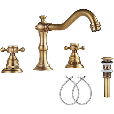 8 Inch 2 Handles 3 Holes Widespread Bathroom Sink Faucet Antique Brass Bathroom Vanity Faucet Basin Mixer Tap Matching Metal Pop Up Drain With Overflow
