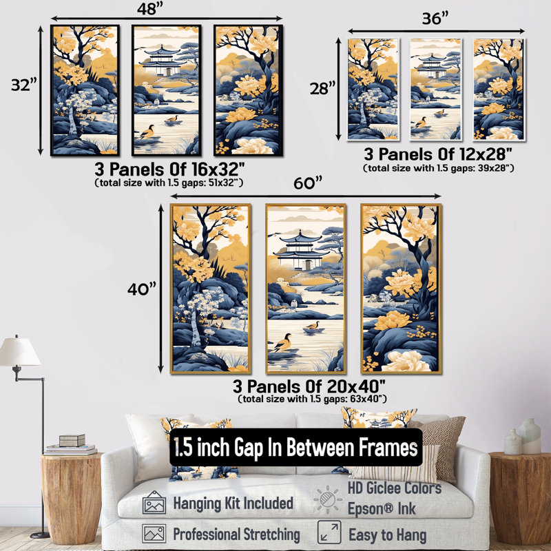 «Blue and Yellow China Blooming Landscape II», art mural Chine, Cadre flottant doré, H 28 po x l 36 po x P 1 po