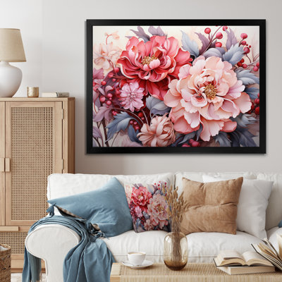 Pink Red Line Art Floral Patterns II Framed On Canvas Print