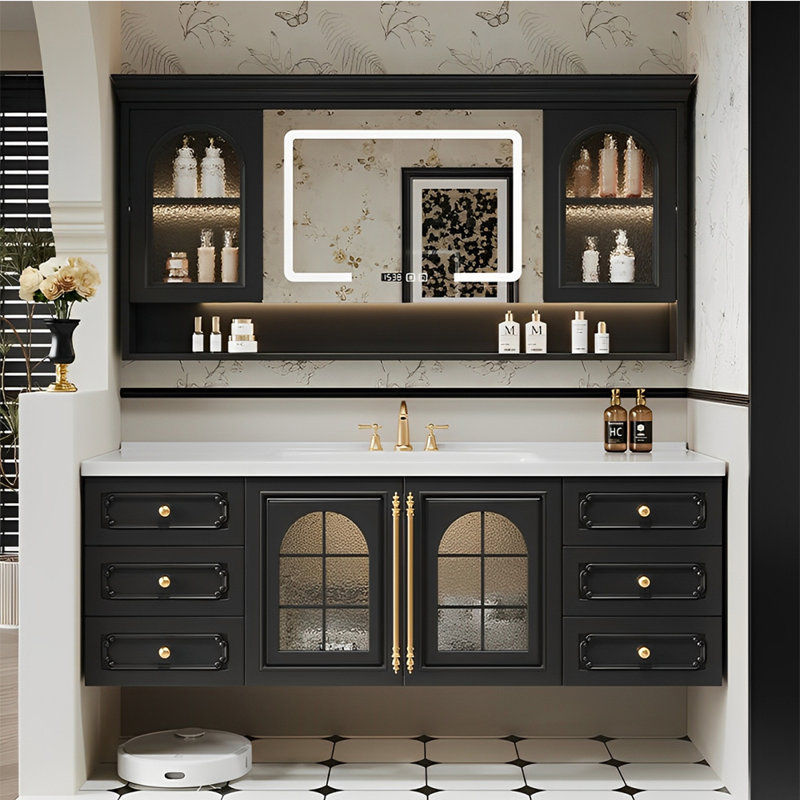 Armoire de salle de bain intelligente de style rétro français., Noir, H 19,69 po x l 55,12 po x P 19,69 po