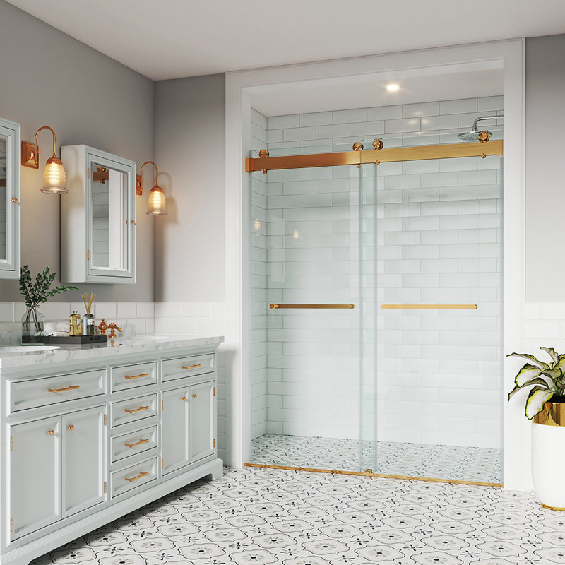 Porte de douche coulissante double sans cadre en verre trempé, Doré, 72"