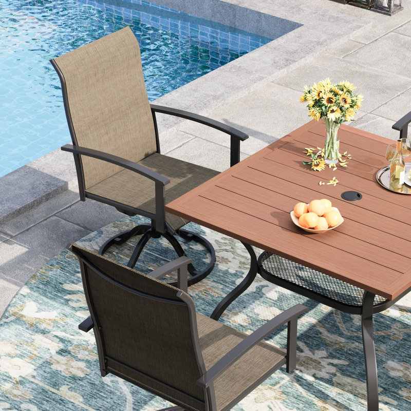 Ensemble de salle à manger de patio pour 4 personnes avec chaises pivotantes en textilène, Brun bois brossé / brun
