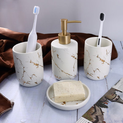 Ensemble d'accessoires de salle de bain, 4 pièces d'accessoires de décoration de salle de bain en céramique comprenant un distributeur de lotion, 2 verres et un porte-savon pour la décoration de la salle de bain, un meuble-lavabo de comptoir