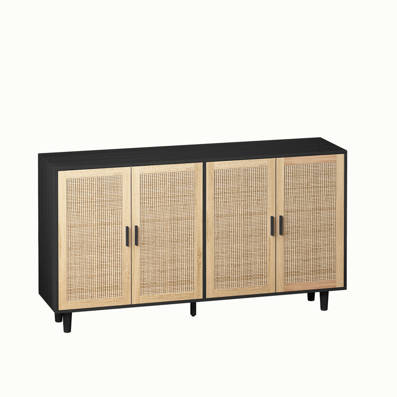 Elegant And Functional 4-Door Rattan Decorative Storage Cabinet, Black/Natural