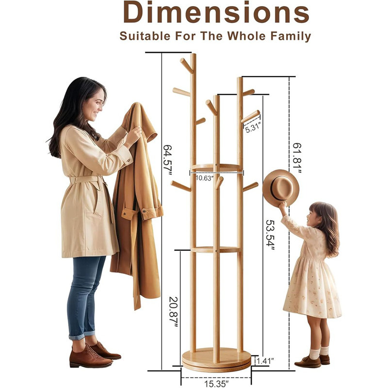 Portemanteau rotatif en bois, portemanteau autoportant avec 3 tablettes