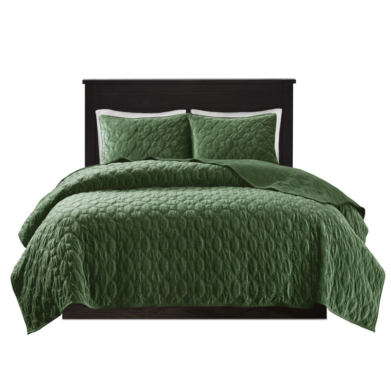 Green Velvet Geometric Quilt Set - Queen