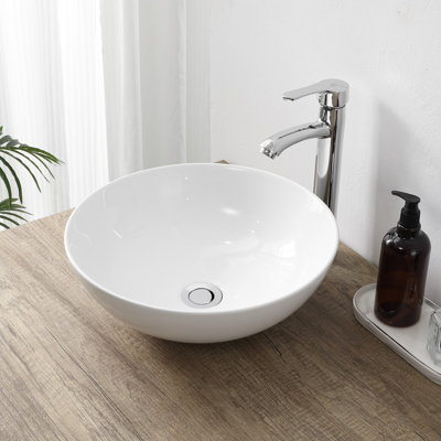Lavabo vasque de salle de bain rond en céramique 15,5 po Quarry, blanc brillant non poreux au-dessus du comptoir