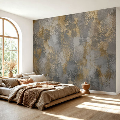 Wall Mural Peel and Stick Wallpaper Gold Grey Abstract Metallic Painting Self-Adhesive Removable Contact Paper Wall Decor for Living Room Bedroom 69"H x 96"W