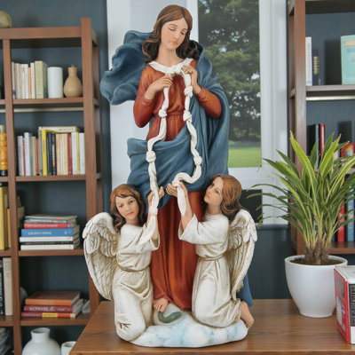Ornement de statue de la Vierge Marie et ange avec Saint Rosaire, décoration intérieure de style religieuse, icône de salon, cheminée, bibliothèque ou présentoir de table.
