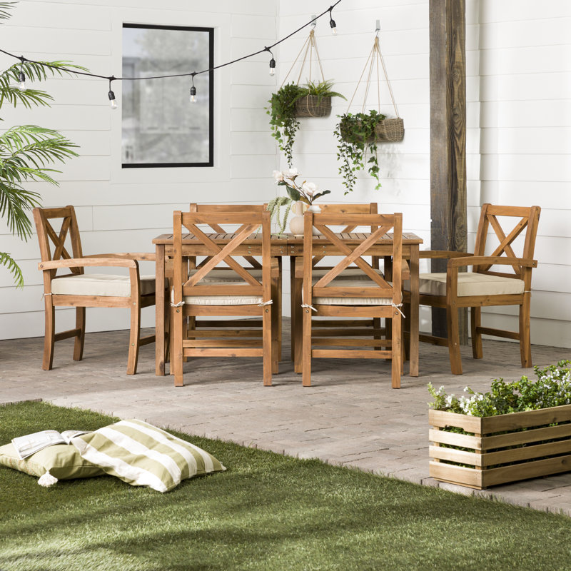 Alfonsi 6 - Person Acacia Wood Patio Dining Set with Rectangular Table , Cushions Included, Brown