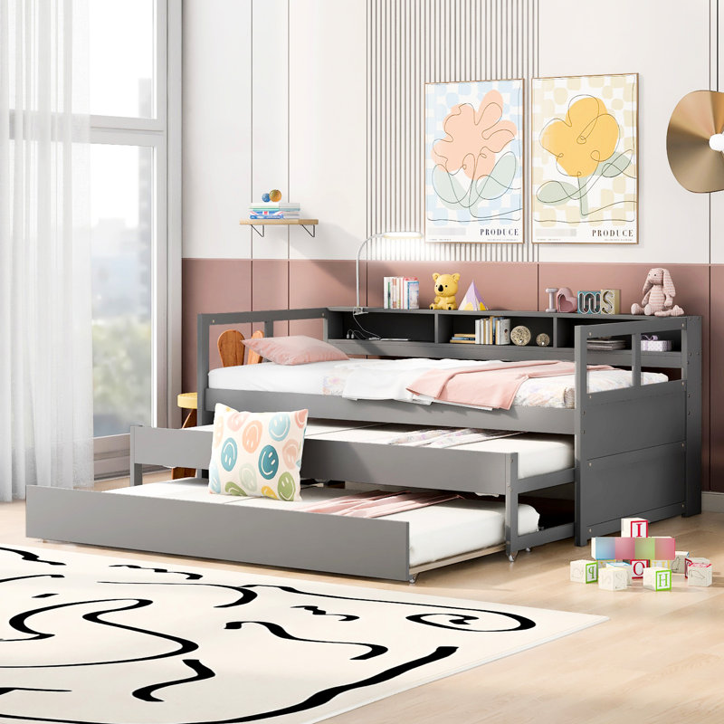 Lit de jour simple TG gris - 2 gigognes, 3, charge et rangement en bois inclus précieux, Gris