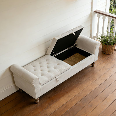 Chira Beige Napped Fabric Upholstered with Arms Bench ,Flip Top Ottoman with Storage