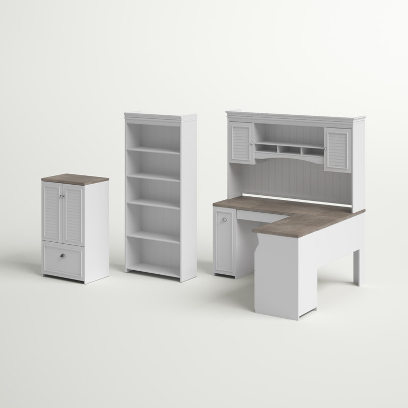Huckins 4 Piece Computer Desk Office Set, Shiplap Gray/Pure White