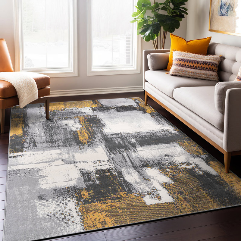 Demeko Abstract Machine Woven Polypropylene Performance Area Rug, Rectangle 5' x 7', Yellow