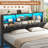 Upholstered Floating Bed Frame with Storage Bookcase Headboard Wood LED Metal Platform Bed with Charging Station-1578769249-1577251717